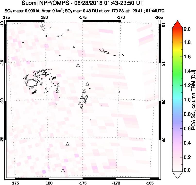 A sulfur dioxide image over Tonga, South Pacific on Aug 28, 2018.