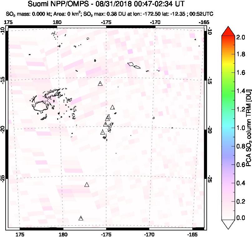 A sulfur dioxide image over Tonga, South Pacific on Aug 31, 2018.
