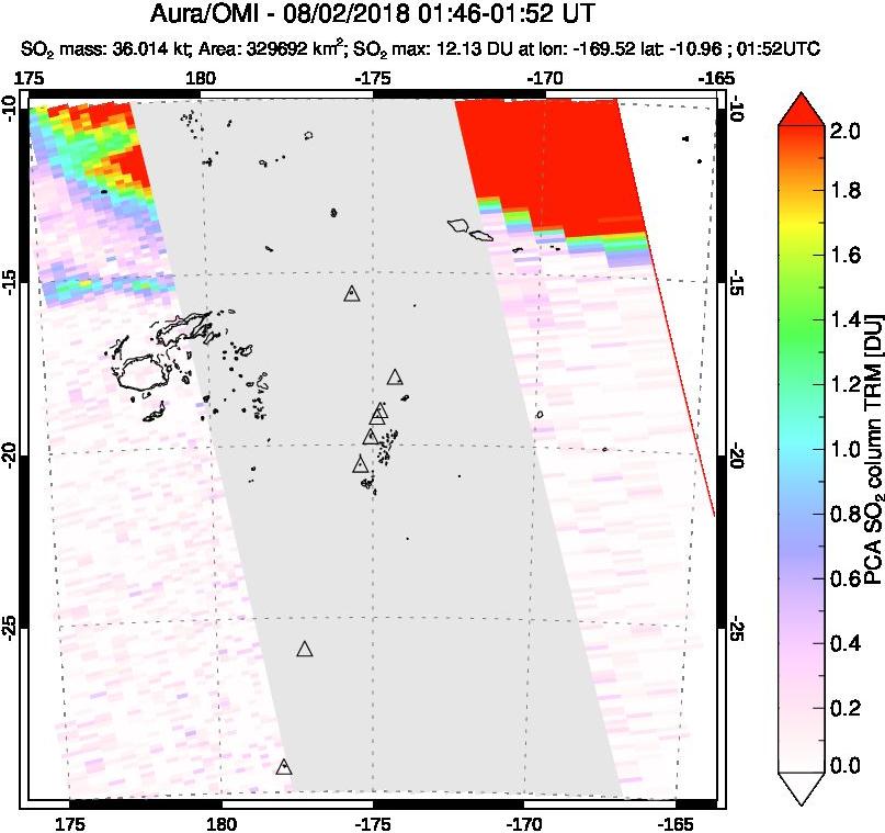 A sulfur dioxide image over Tonga, South Pacific on Aug 02, 2018.