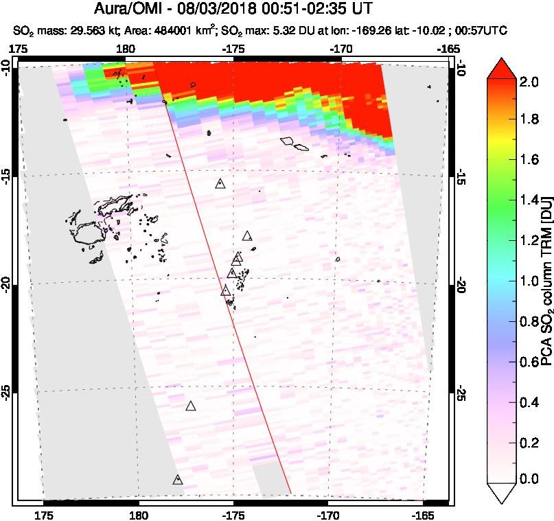 A sulfur dioxide image over Tonga, South Pacific on Aug 03, 2018.