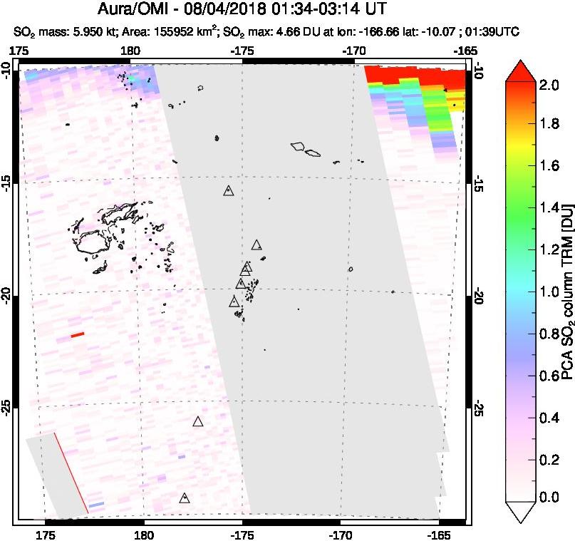 A sulfur dioxide image over Tonga, South Pacific on Aug 04, 2018.