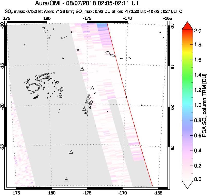 A sulfur dioxide image over Tonga, South Pacific on Aug 07, 2018.