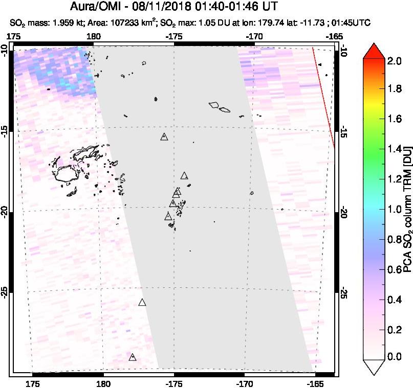 A sulfur dioxide image over Tonga, South Pacific on Aug 11, 2018.