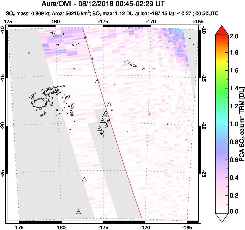 A sulfur dioxide image over Tonga, South Pacific on Aug 12, 2018.