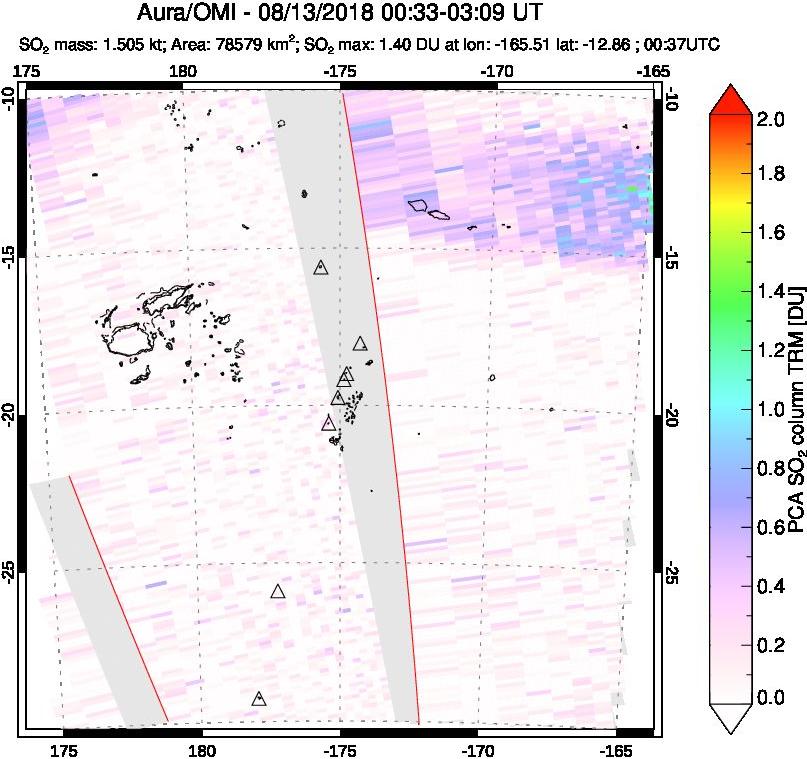 A sulfur dioxide image over Tonga, South Pacific on Aug 13, 2018.