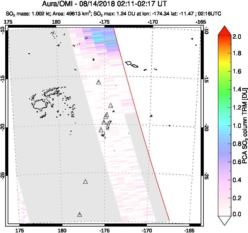 A sulfur dioxide image over Tonga, South Pacific on Aug 14, 2018.