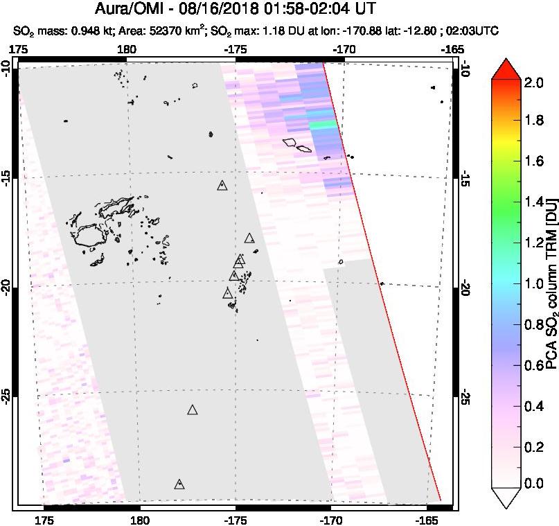 A sulfur dioxide image over Tonga, South Pacific on Aug 16, 2018.