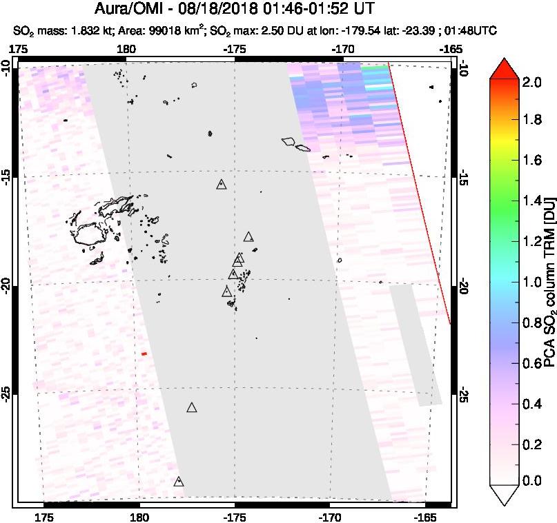 A sulfur dioxide image over Tonga, South Pacific on Aug 18, 2018.
