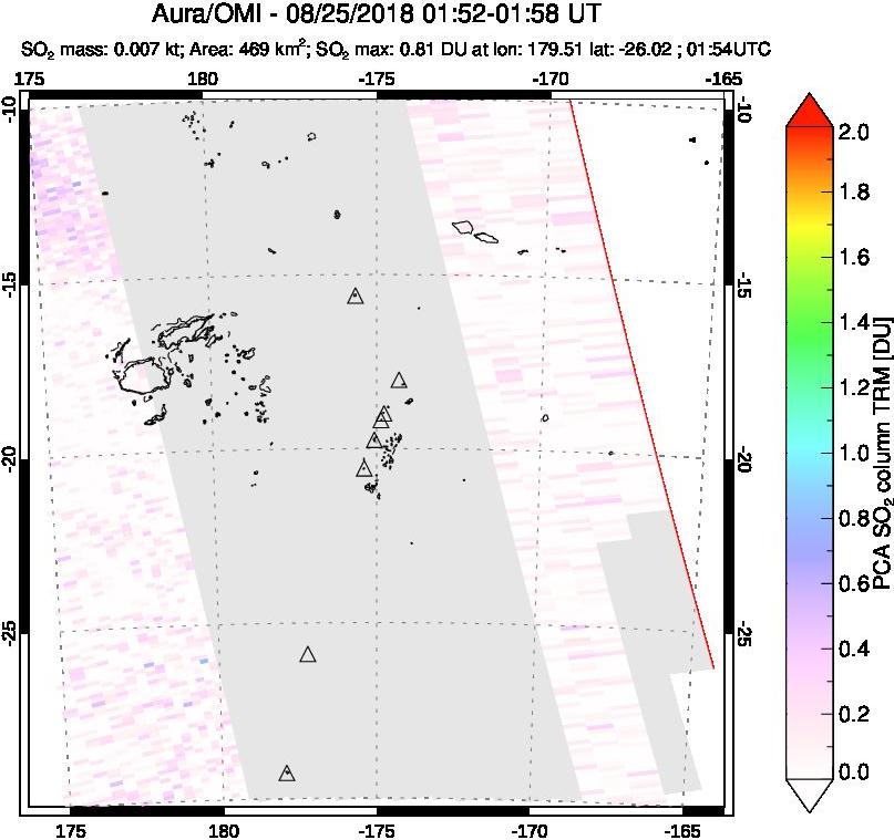 A sulfur dioxide image over Tonga, South Pacific on Aug 25, 2018.