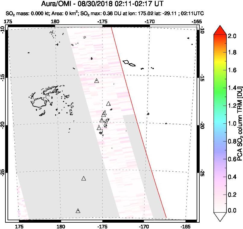 A sulfur dioxide image over Tonga, South Pacific on Aug 30, 2018.