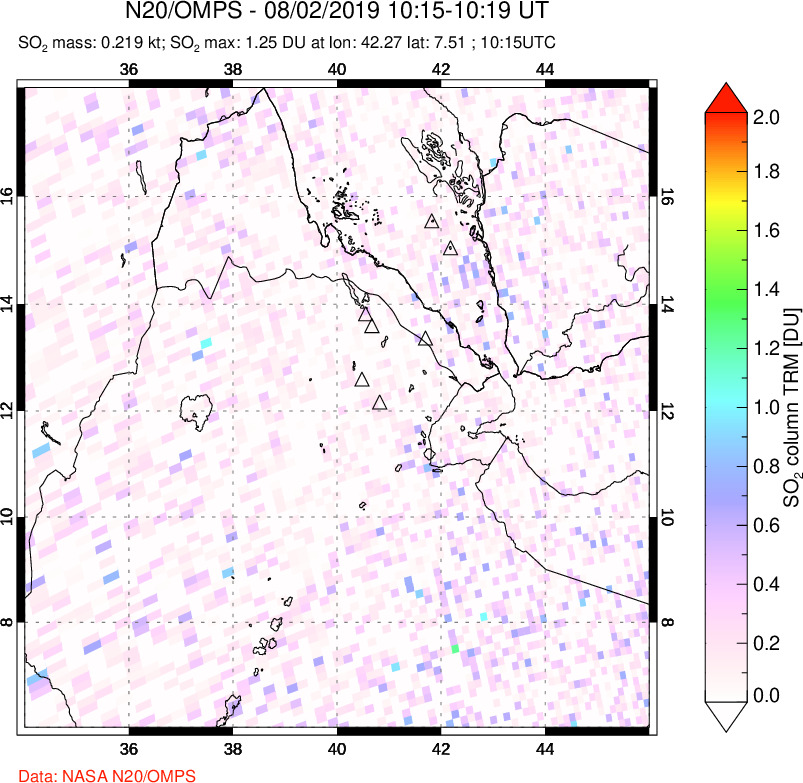 A sulfur dioxide image over Afar and southern Red Sea on Aug 02, 2019.