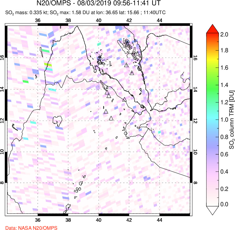 A sulfur dioxide image over Afar and southern Red Sea on Aug 03, 2019.