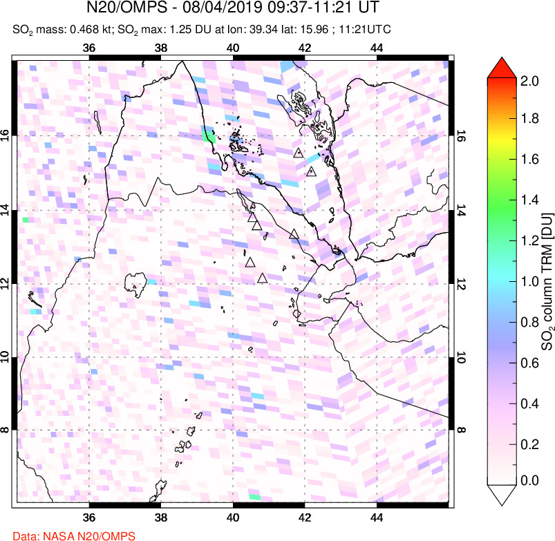 A sulfur dioxide image over Afar and southern Red Sea on Aug 04, 2019.