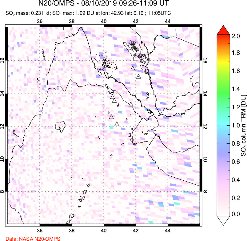 A sulfur dioxide image over Afar and southern Red Sea on Aug 10, 2019.