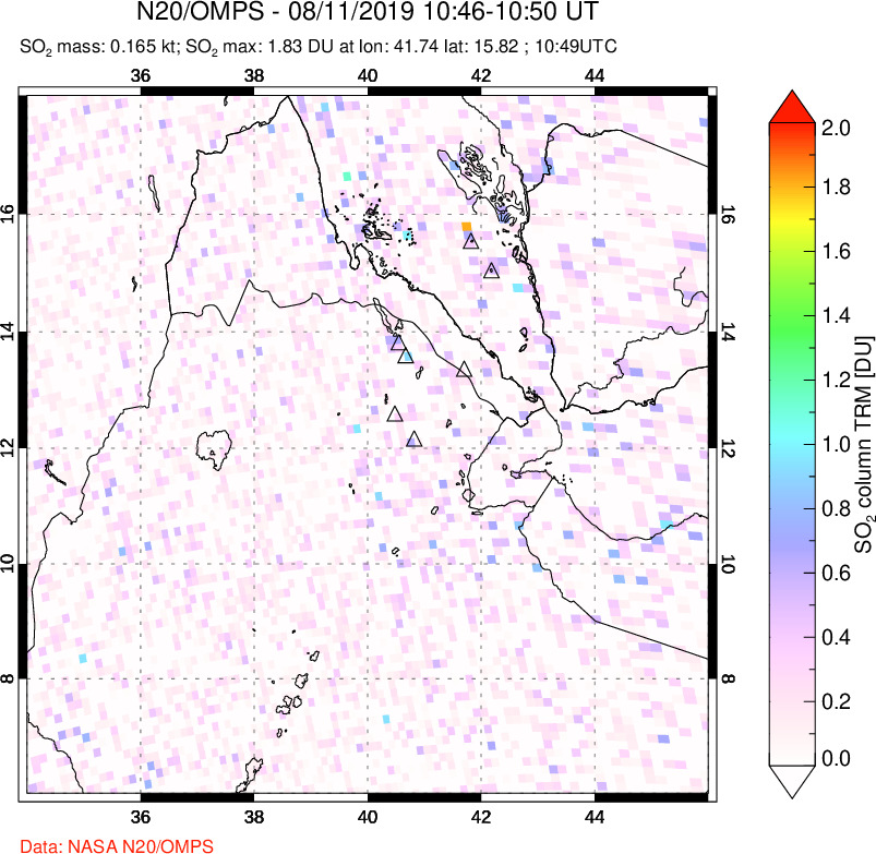 A sulfur dioxide image over Afar and southern Red Sea on Aug 11, 2019.