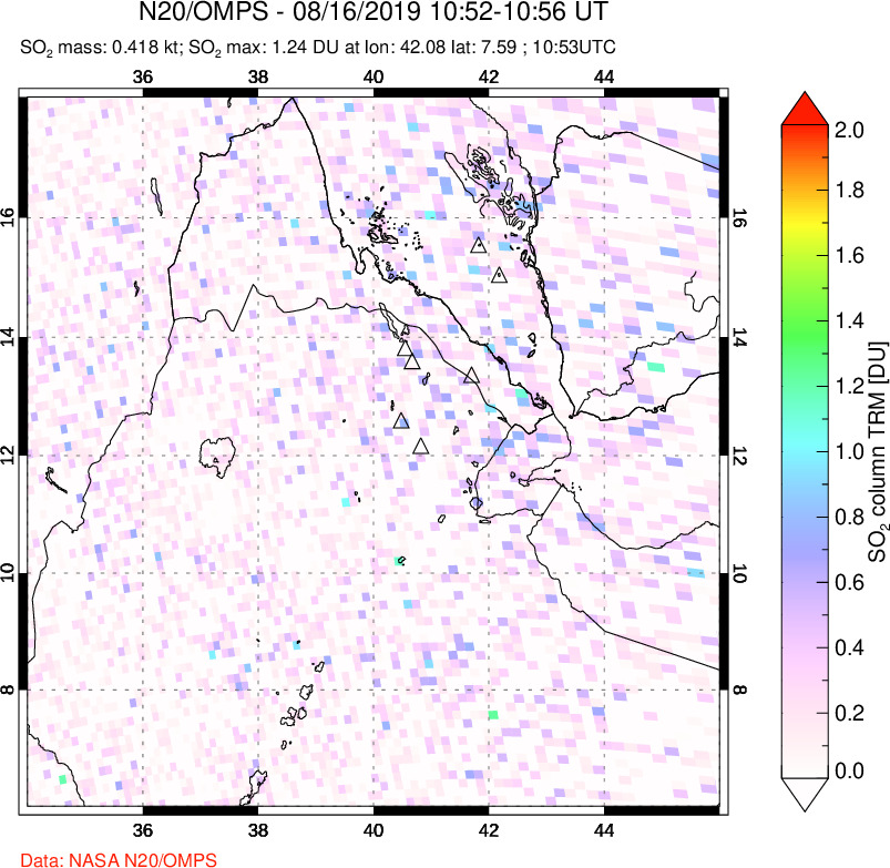 A sulfur dioxide image over Afar and southern Red Sea on Aug 16, 2019.