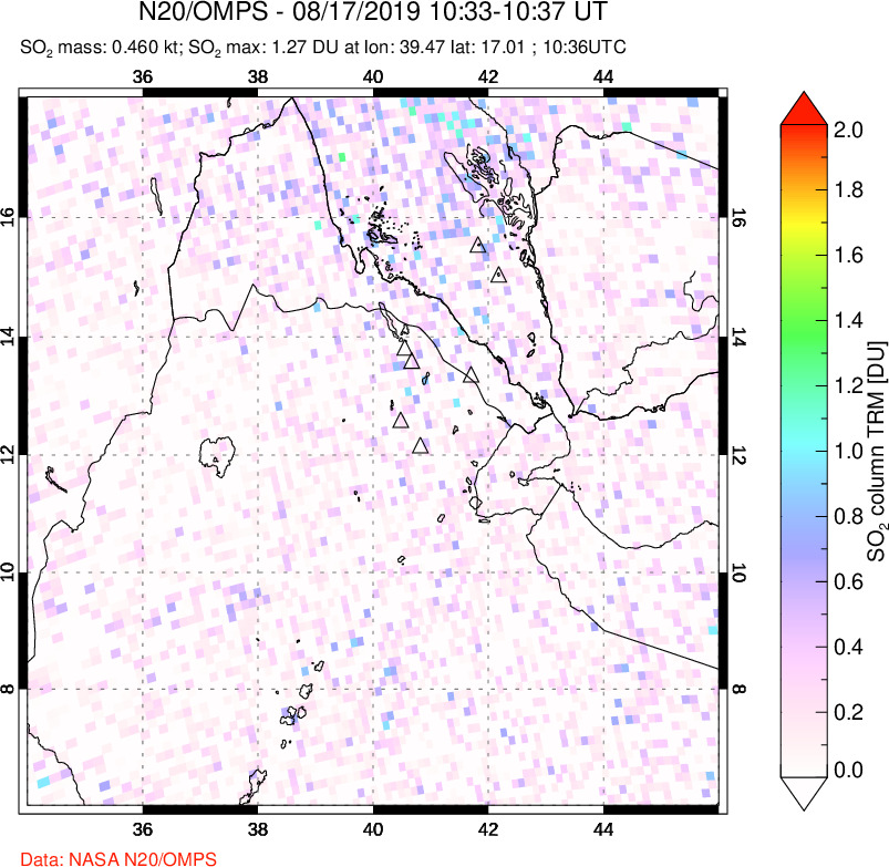 A sulfur dioxide image over Afar and southern Red Sea on Aug 17, 2019.