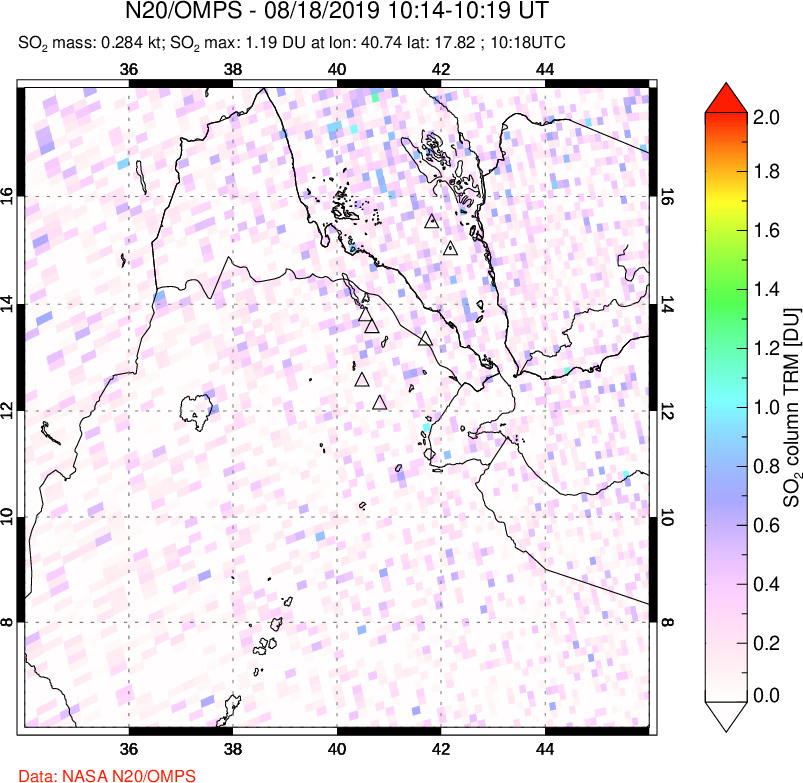 A sulfur dioxide image over Afar and southern Red Sea on Aug 18, 2019.