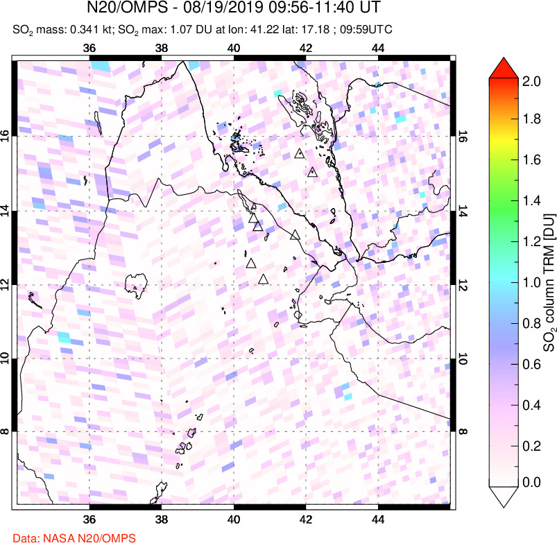 A sulfur dioxide image over Afar and southern Red Sea on Aug 19, 2019.