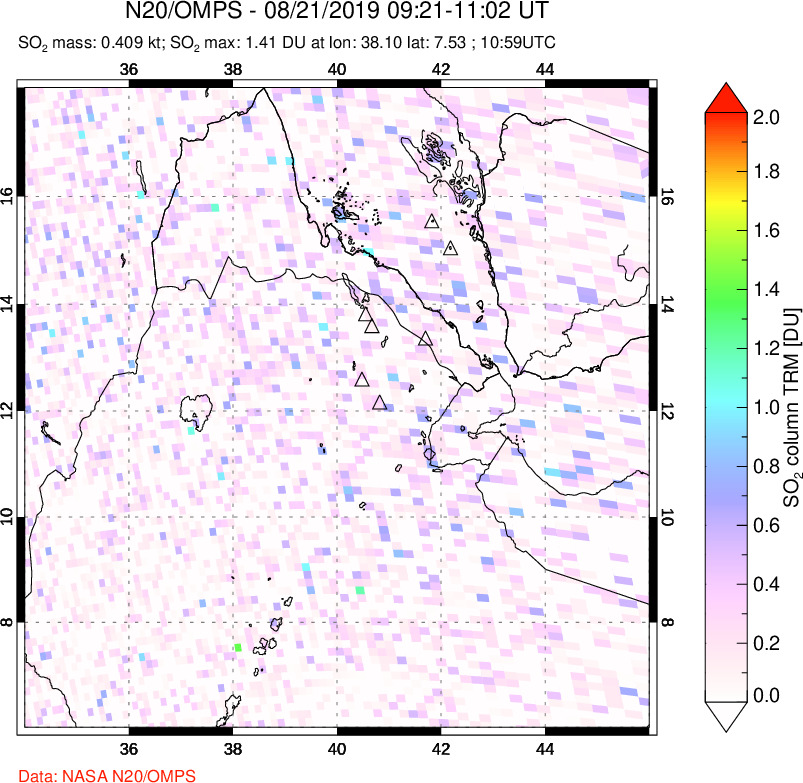 A sulfur dioxide image over Afar and southern Red Sea on Aug 21, 2019.