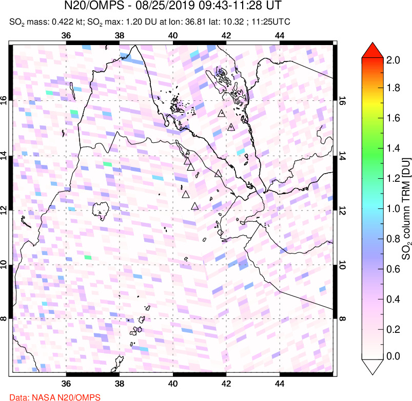 A sulfur dioxide image over Afar and southern Red Sea on Aug 25, 2019.