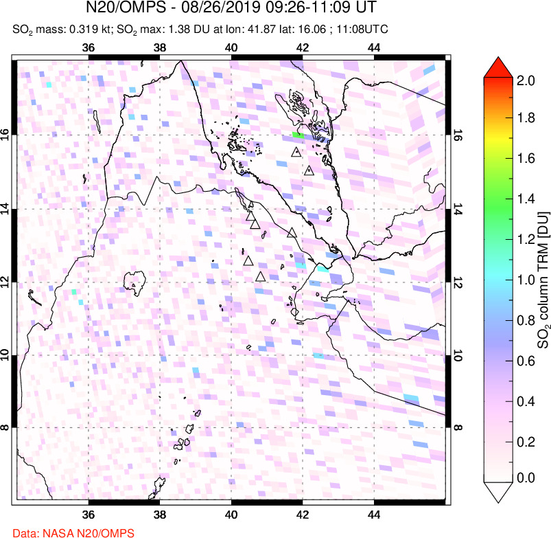 A sulfur dioxide image over Afar and southern Red Sea on Aug 26, 2019.