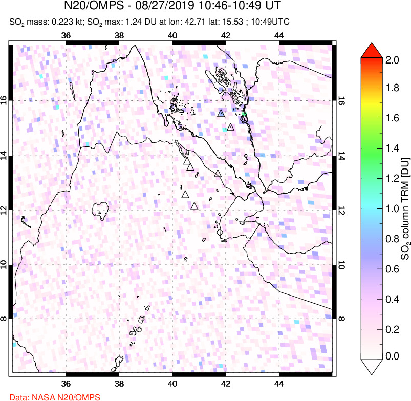 A sulfur dioxide image over Afar and southern Red Sea on Aug 27, 2019.