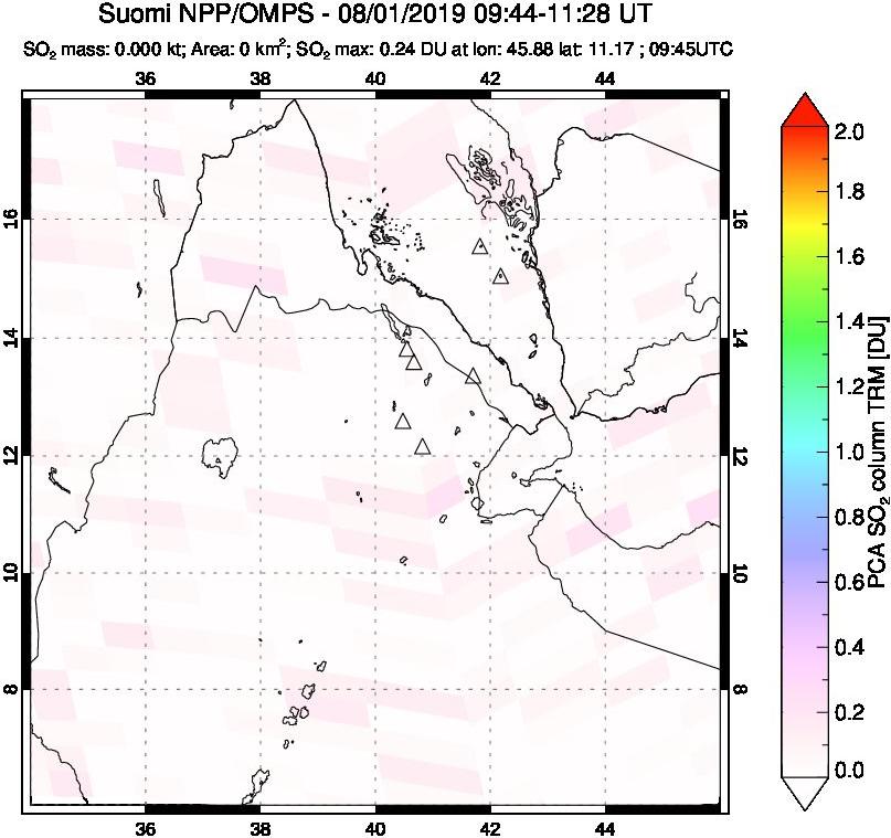 A sulfur dioxide image over Afar and southern Red Sea on Aug 01, 2019.