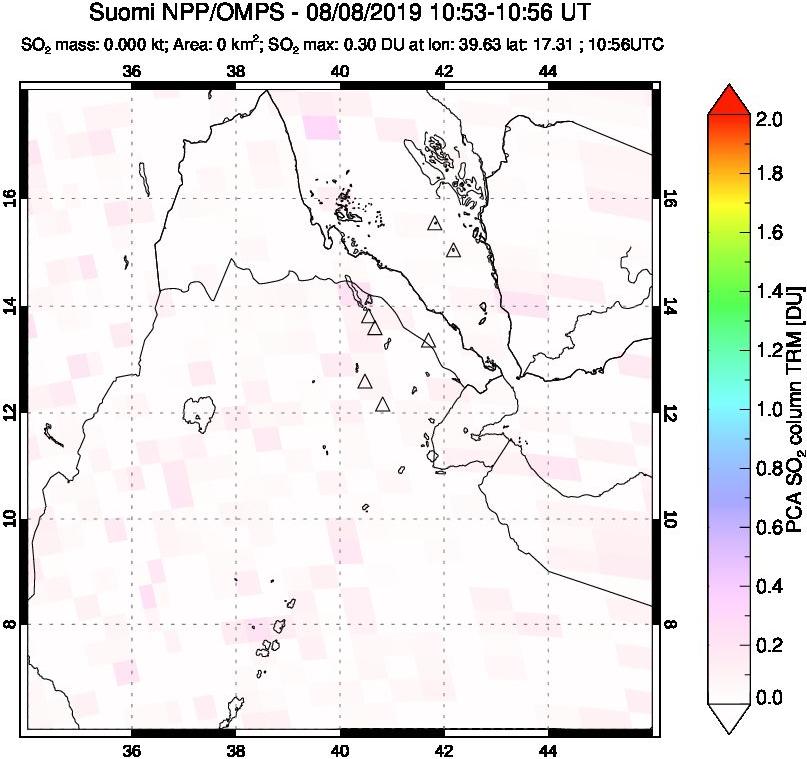 A sulfur dioxide image over Afar and southern Red Sea on Aug 08, 2019.