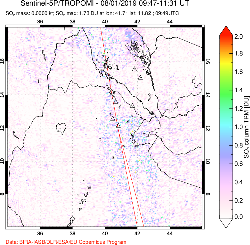 A sulfur dioxide image over Afar and southern Red Sea on Aug 01, 2019.