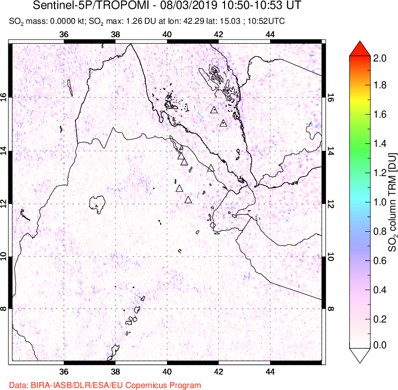 A sulfur dioxide image over Afar and southern Red Sea on Aug 03, 2019.