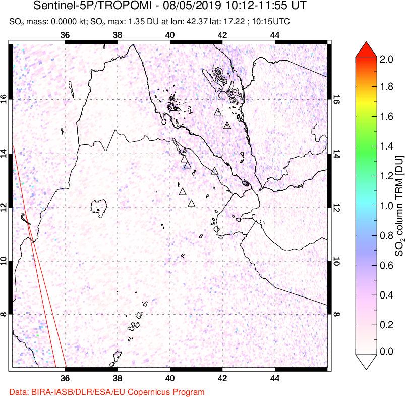 A sulfur dioxide image over Afar and southern Red Sea on Aug 05, 2019.