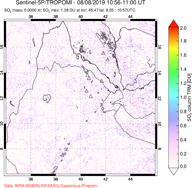 A sulfur dioxide image over Afar and southern Red Sea on Aug 08, 2019.