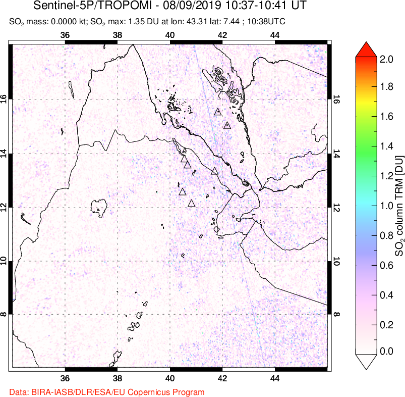 A sulfur dioxide image over Afar and southern Red Sea on Aug 09, 2019.