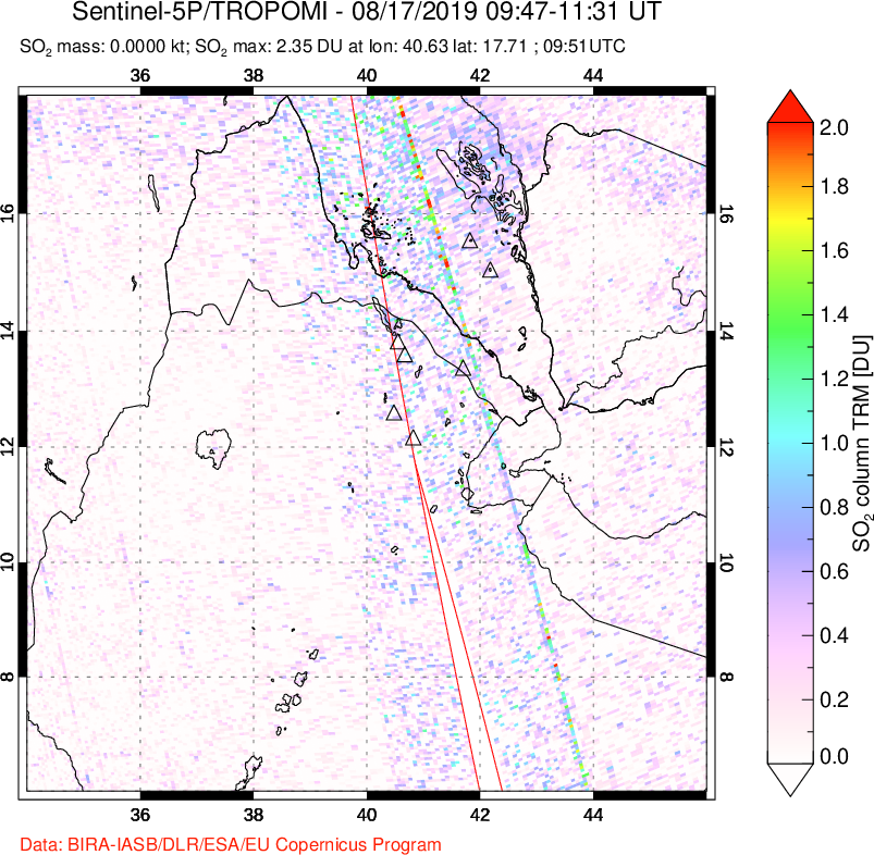 A sulfur dioxide image over Afar and southern Red Sea on Aug 17, 2019.