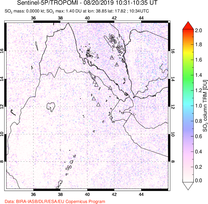 A sulfur dioxide image over Afar and southern Red Sea on Aug 20, 2019.