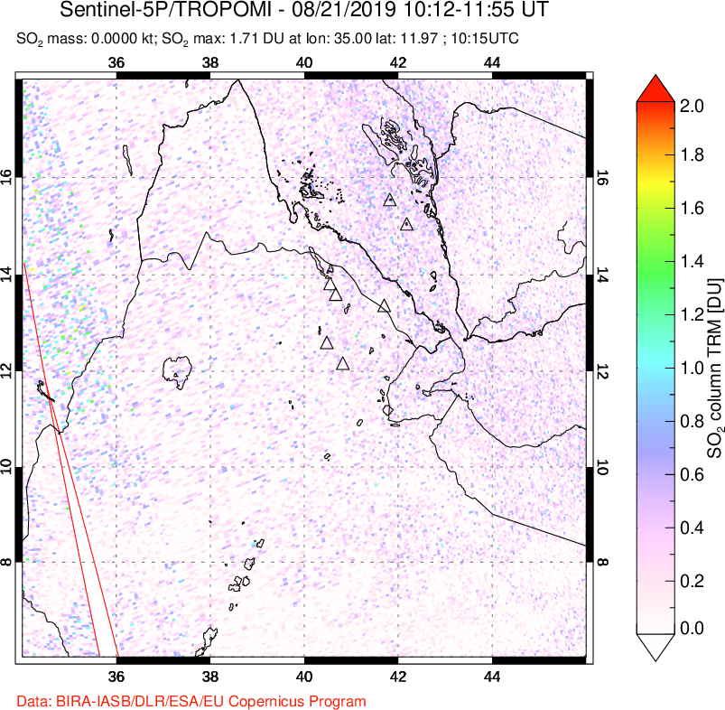 A sulfur dioxide image over Afar and southern Red Sea on Aug 21, 2019.