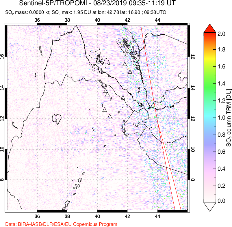 A sulfur dioxide image over Afar and southern Red Sea on Aug 23, 2019.