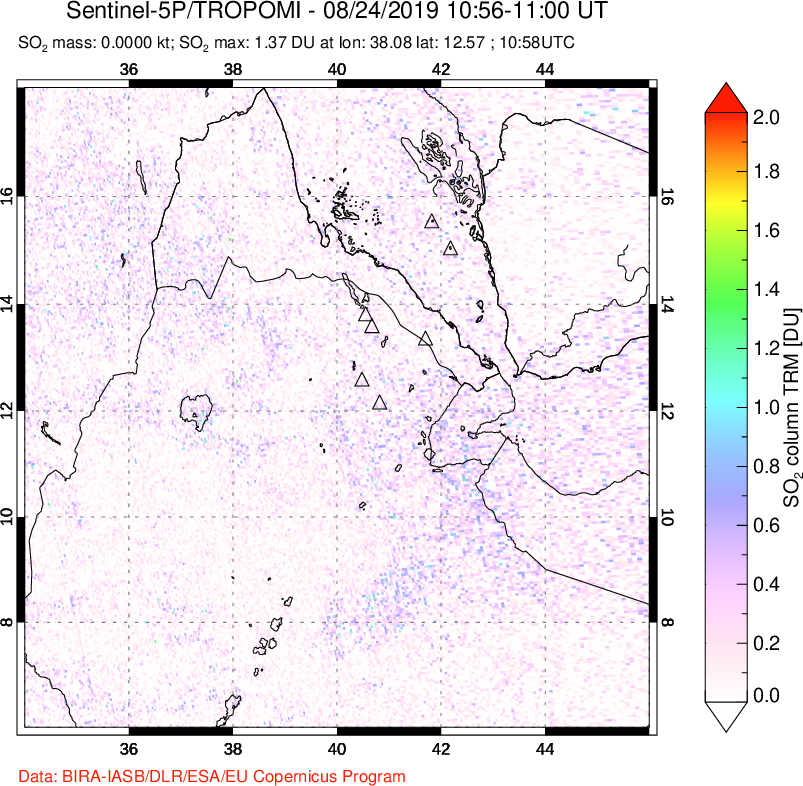 A sulfur dioxide image over Afar and southern Red Sea on Aug 24, 2019.