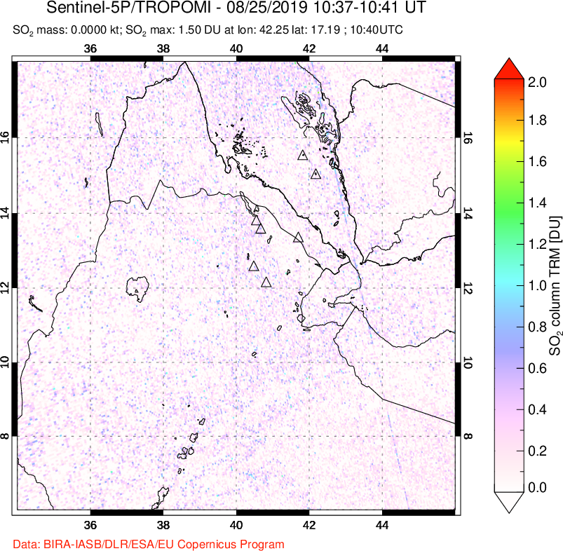 A sulfur dioxide image over Afar and southern Red Sea on Aug 25, 2019.