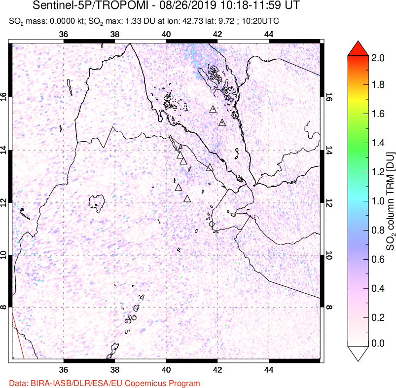 A sulfur dioxide image over Afar and southern Red Sea on Aug 26, 2019.