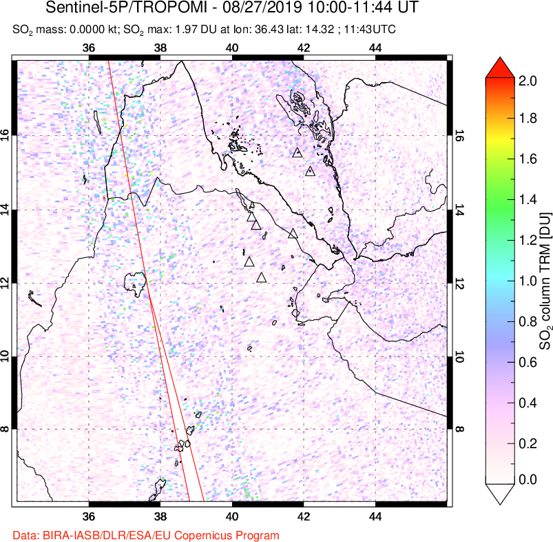 A sulfur dioxide image over Afar and southern Red Sea on Aug 27, 2019.