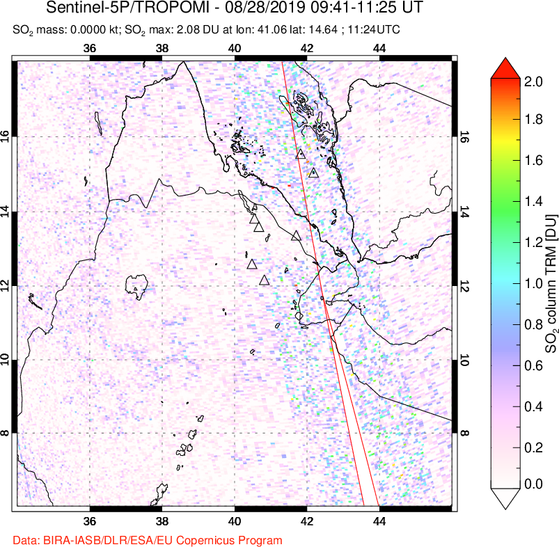 A sulfur dioxide image over Afar and southern Red Sea on Aug 28, 2019.