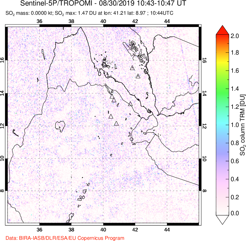 A sulfur dioxide image over Afar and southern Red Sea on Aug 30, 2019.