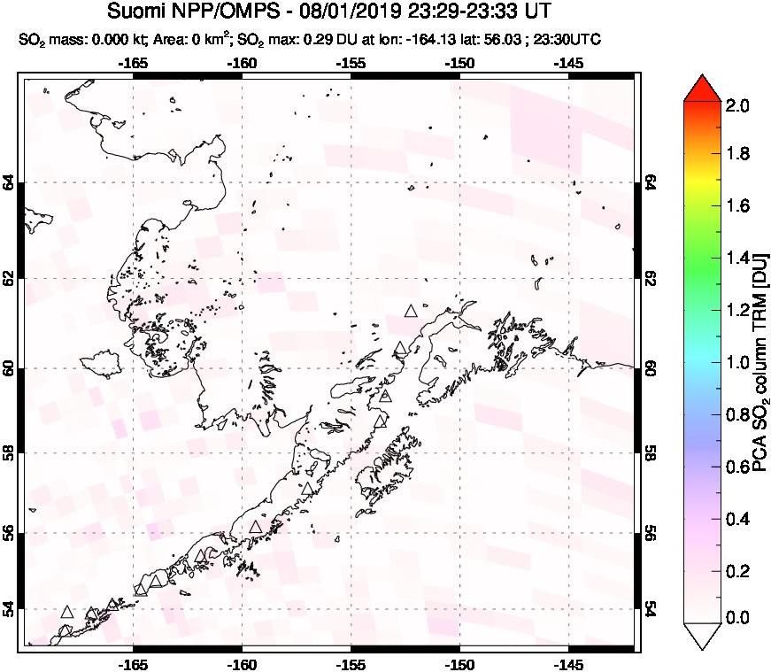 A sulfur dioxide image over Alaska, USA on Aug 01, 2019.