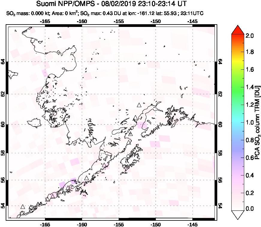 A sulfur dioxide image over Alaska, USA on Aug 02, 2019.