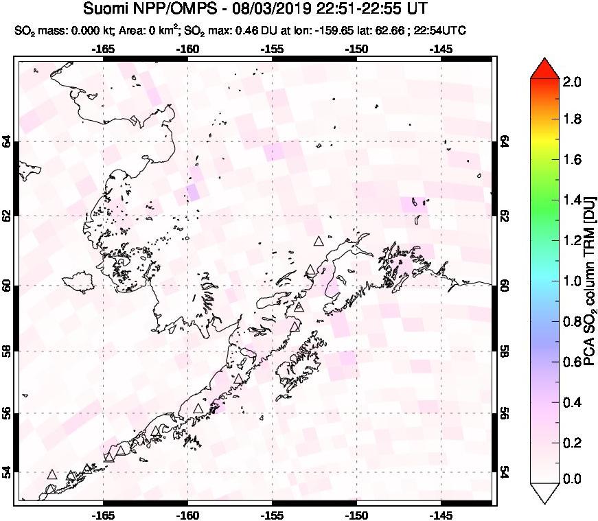 A sulfur dioxide image over Alaska, USA on Aug 03, 2019.