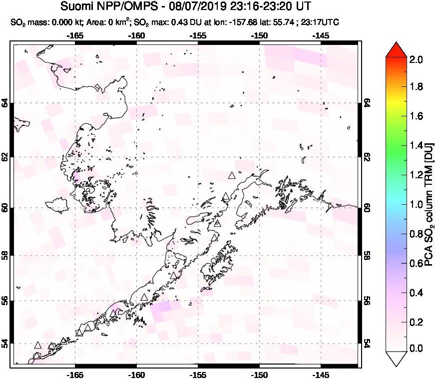A sulfur dioxide image over Alaska, USA on Aug 07, 2019.