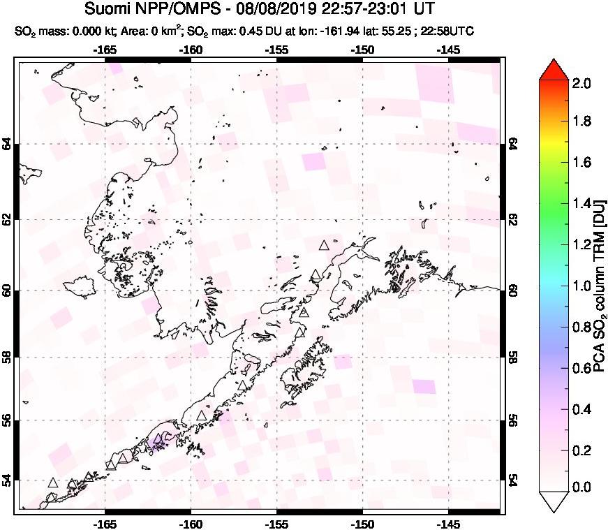 A sulfur dioxide image over Alaska, USA on Aug 08, 2019.