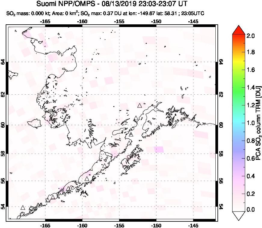 A sulfur dioxide image over Alaska, USA on Aug 13, 2019.